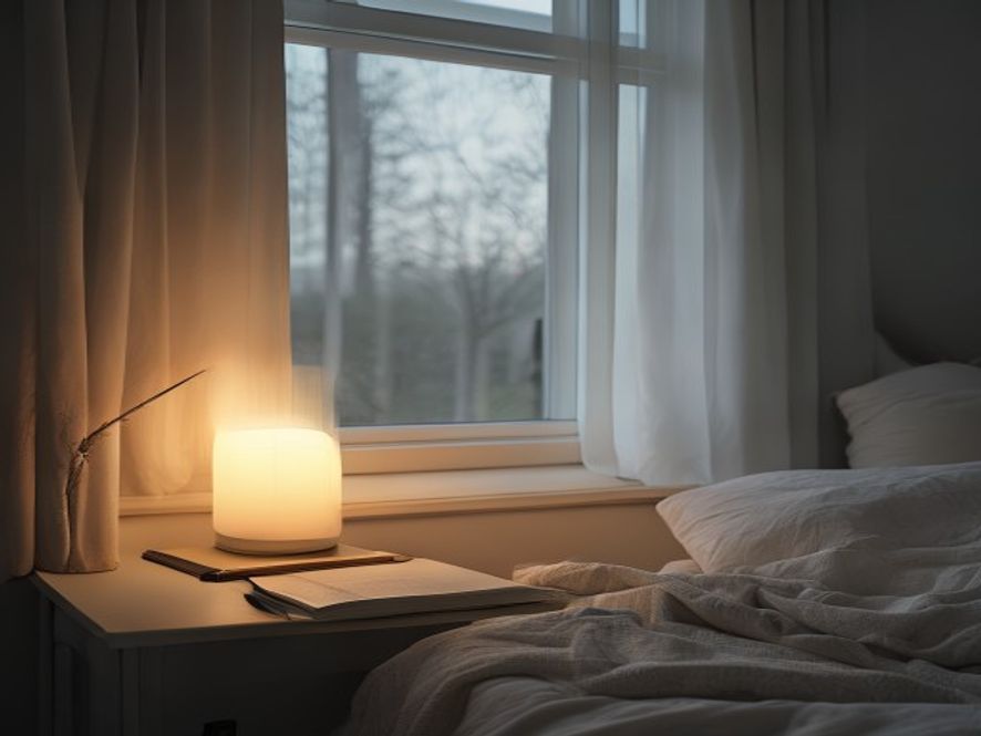 Peaceful evening space with soft lighting and journal on nightstand
